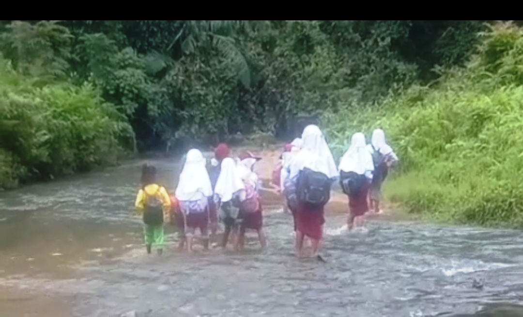 PANTANG MENYERAH: Murid tengah menyeberangi sungai untuk sampai ke sekolah.