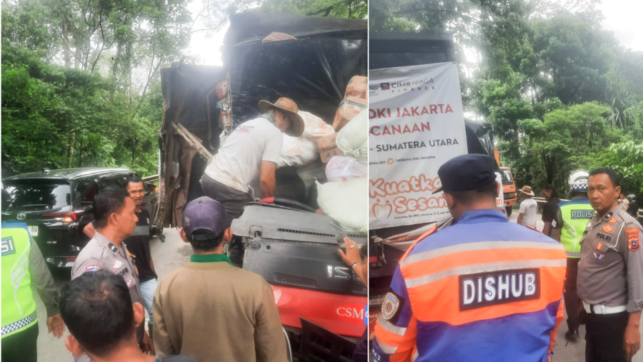 Kecelakaan beruntun terjadi di Sitinjaulauik, Kota Padang, Rabu (17/12/2025). Truk boks bantuan Jakarta&ndash;Padang alami rem blong dan menabrak dua kendaraan.