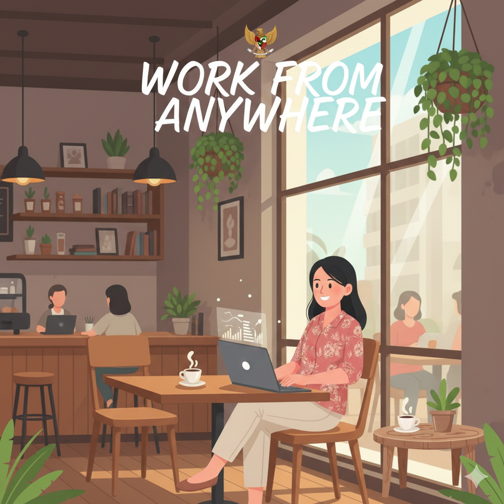 Ilustrasi ASN yang melakukan WFA di kafe.