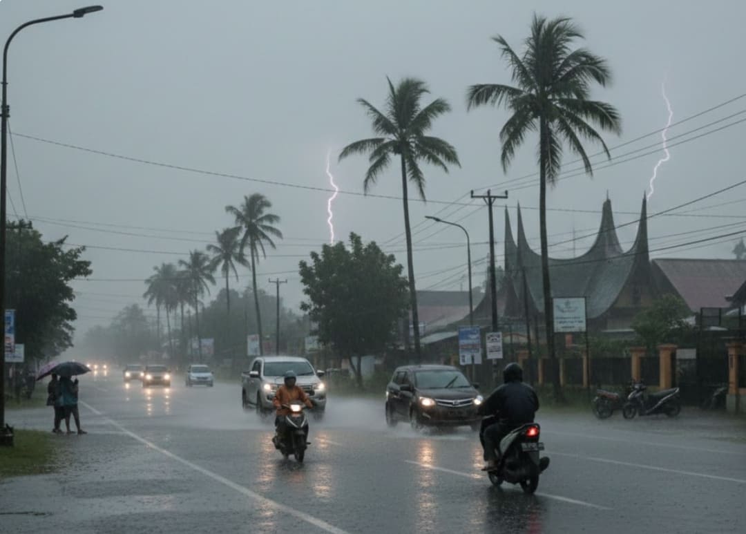 Hujan lebat dan angin kencang terpantau di Sumatera Barat, BMKG imbau masyarakat tingkatkan kewaspadaan.(Foto ilustrasi: Gemini AI)