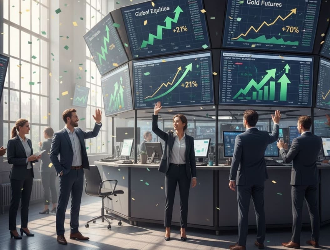 Pergerakan aset global menunjukkan harga emas meroket hampir 70% (level tertinggi sejak 1979), sementara indeks saham global tumbuh 21% di tengah pelemahan Dolar AS.(Foto ilustrasi: Gemini AI)