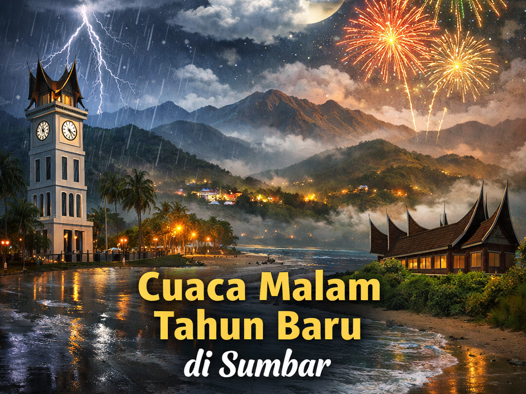 BMKG memprediksi cuaca tujuh kota Sumatera Barat berawan hingga hujan ringan saat malam tahun baru, Rabu 31 Desember 2025. (ilustrasi chatgpt)