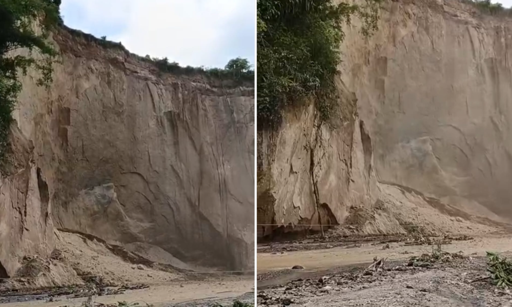 Tebing longsor bermaterial pasir putih terjadi di Ngarai Kaluang, Kecamatan IV Koto, Kabupaten Agam, Kamis (1/1/2026). (Foto: Polsek IV Koto)