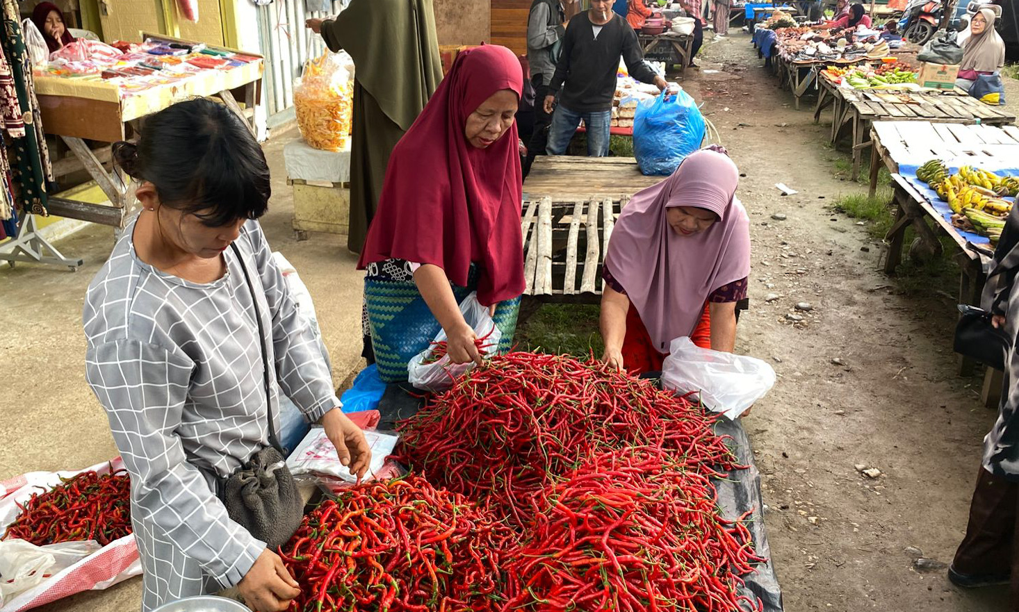 Harga cabai merah di Pasar Piladang, Limapuluh Kota, naik hingga Rp55 ribu per kilogram. Pedagang menyebut kenaikan mencapai Rp15 ribu. (Foto: Ridwan Sy/Padeks)