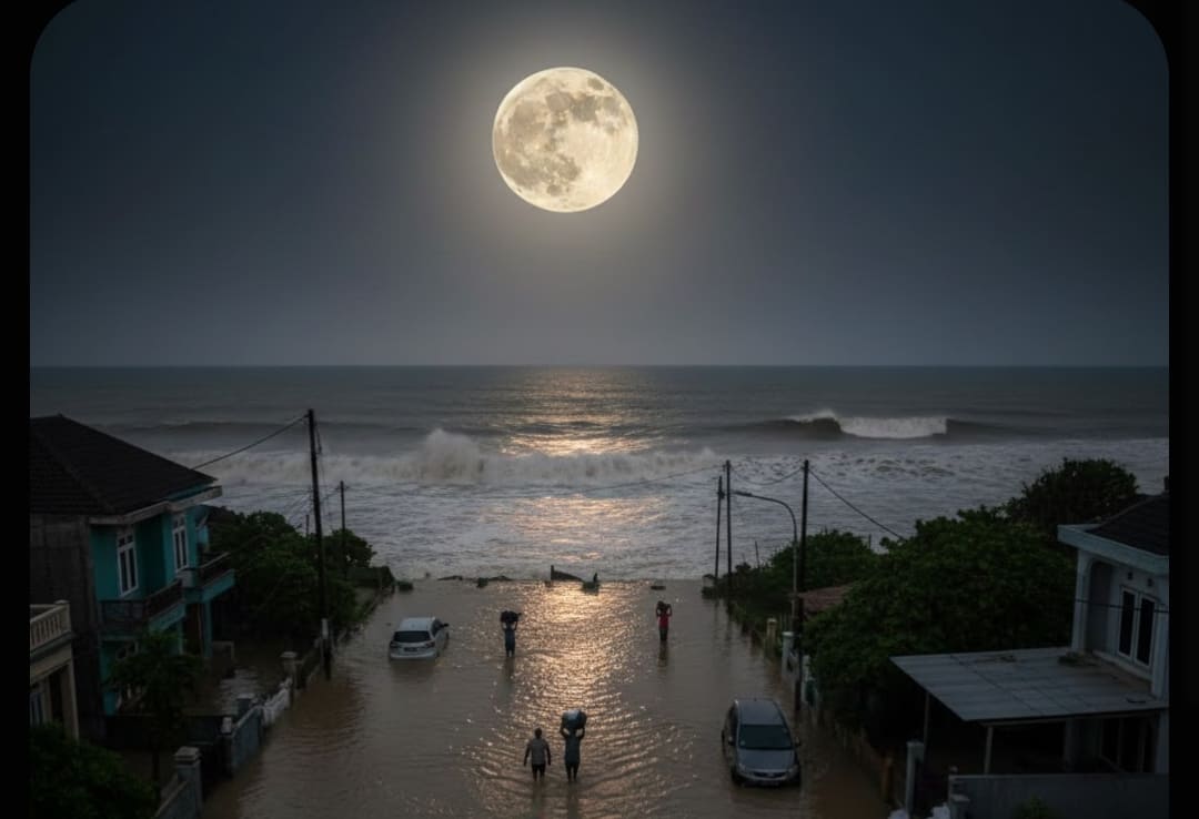 BMKG imbau warga pesisir waspada pasang air laut maksimum saat Supermoon 3 Januari 2026.(Foto ilustrasi: Gemini AI)