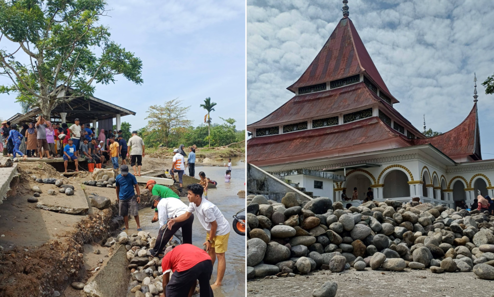 Warga melakukan gotong royong sebagai upaya normalisasi Sungai Batang Mangoi untuk selamatkan Masjid Lubuk Bareh dari abrasi banjir, Minggu (4/1/2026).