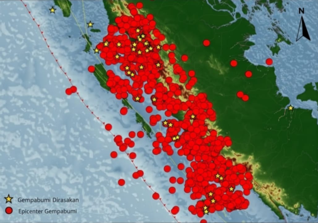 Peta titik 1.273 gempa bumi di Sumatera Barat sepanjang 2025.