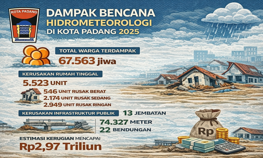 Kerugian bencana hidrometeorologi di Kota Padang mencapai Rp2,97 triliun. Sebanyak 67.563 jiwa terdampak, ribuan rumah dan infrastruktur rusak berat. (Grafis: ChatGPT)