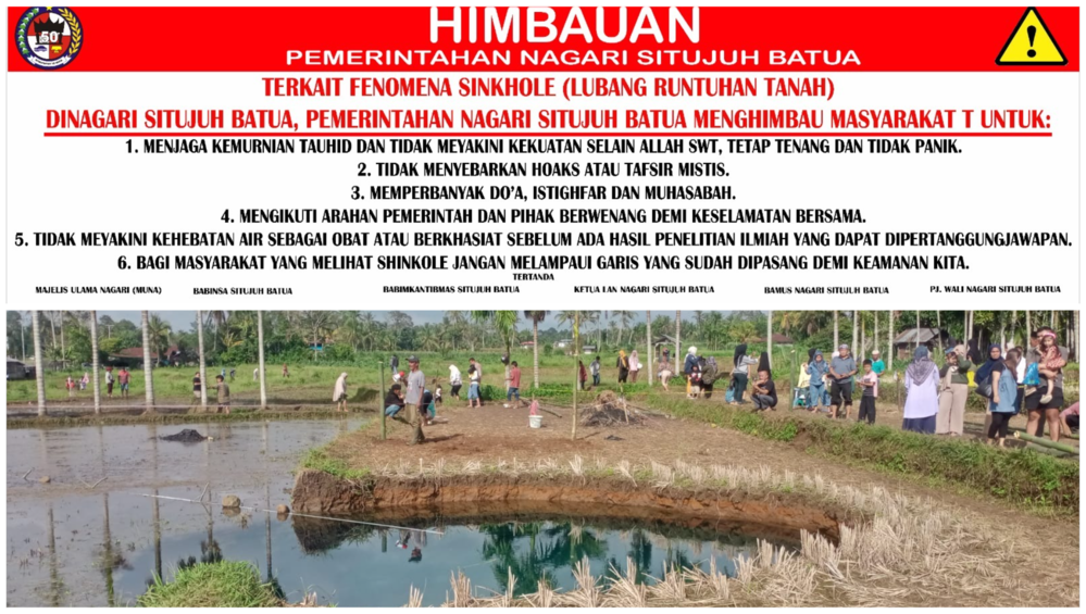 Pemerintah Nagari Situjuah menyebut sinkhole mengancam keselamatan dan lahan pertanian warga. Petani berhenti beraktivitas. (Foto: Irfan/Padeks)