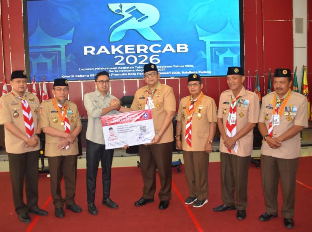 Wakil Wali Kota Padang Maigus Nasir membuka Rakercab Pramuka 2026 dan menyampaikan arahan tentang inovasi, digitalisasi, dan pengaktifan Didikan Subuh.(Foto: Prokopim)