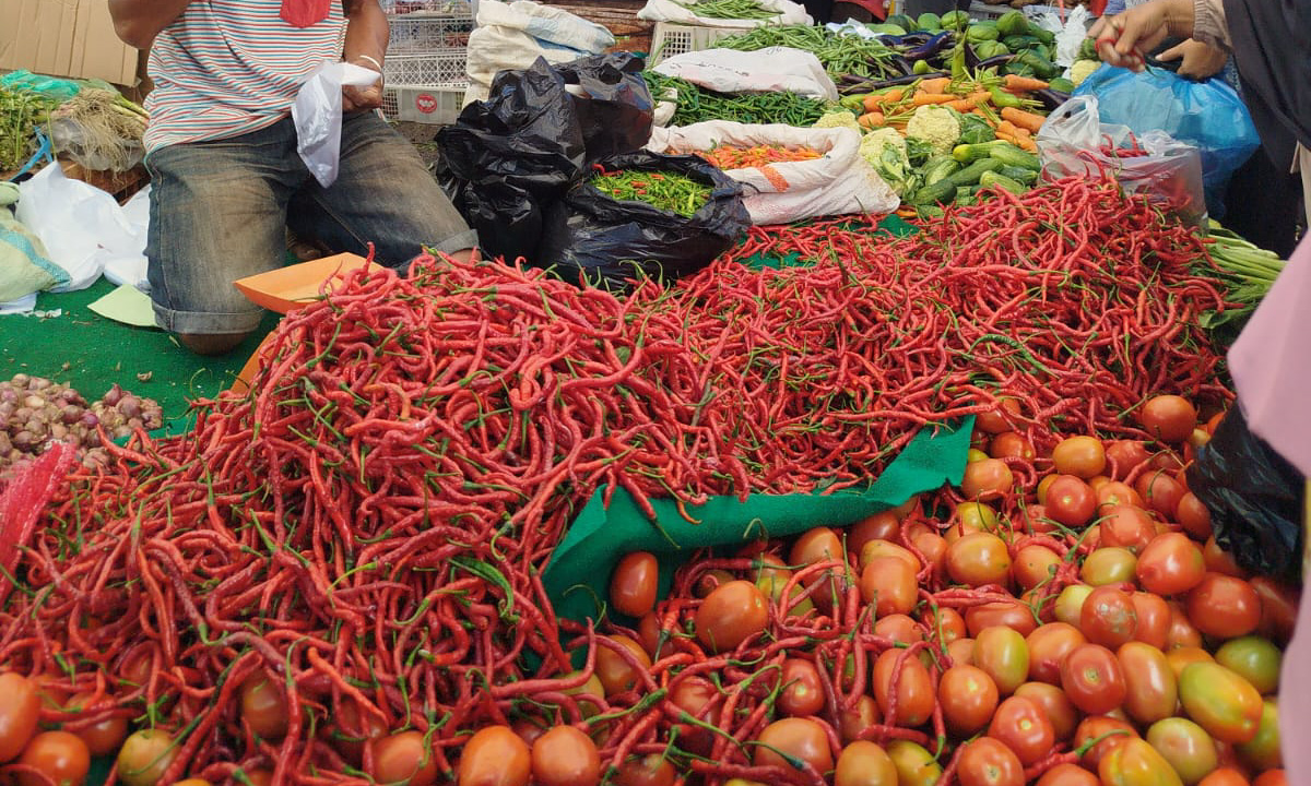 Harga cabai rawit di Pasar Baru Pulau Punjung turun ke Rp100 ribu per kg usai sempat tembus Rp150 ribu. Pedagang dan pembeli mengeluhkan dampak lonjakan harga. (Foto: Zulfia Anita/Padeks)