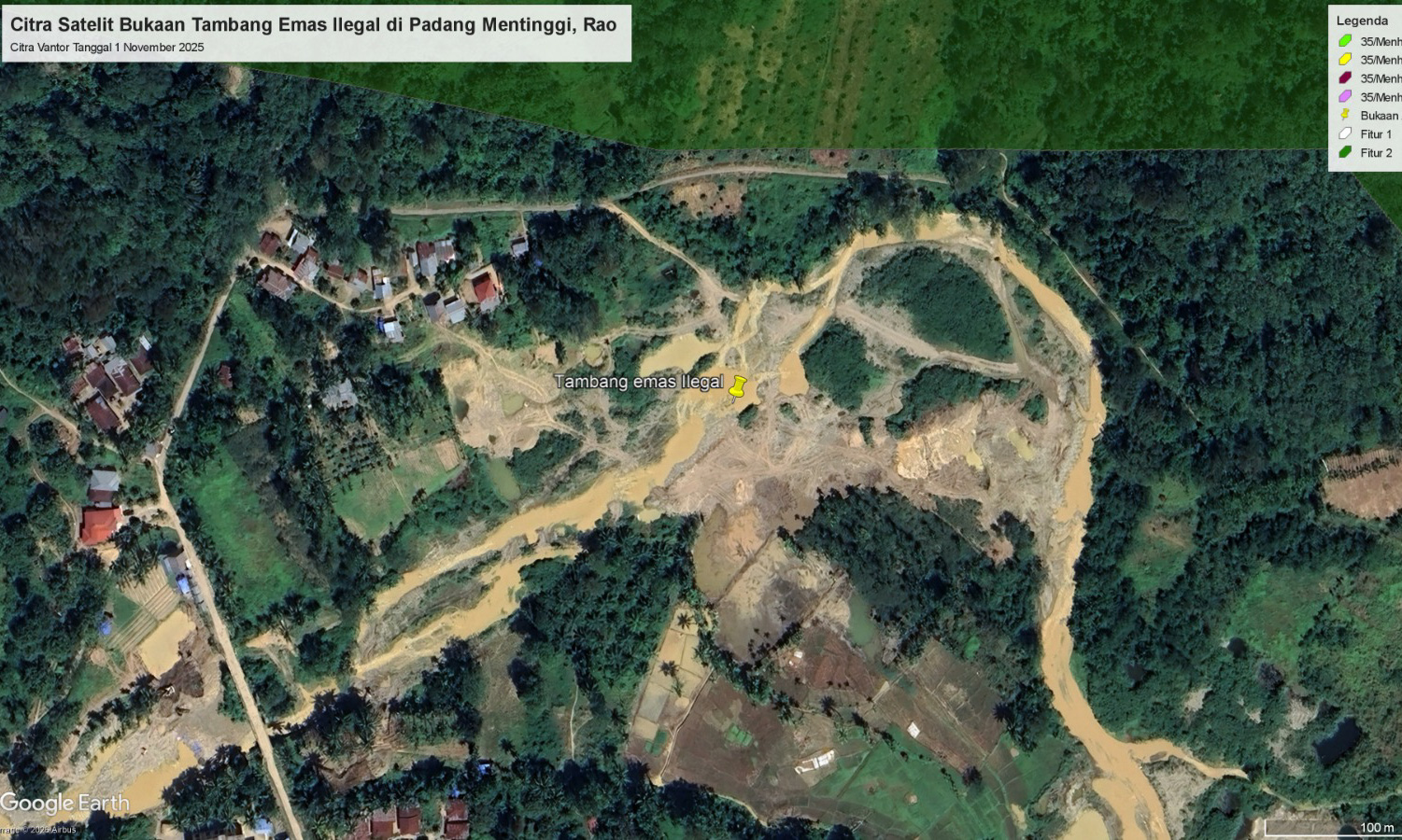 WALHI Sumbar ungkap bukaan PETI masif di Sungai Sibinail dan menilai kasus penganiayaan Saudah berkaitan dengan konflik ruang tambang ilegal di Kecamatan Rao. (Foto citra satelit)