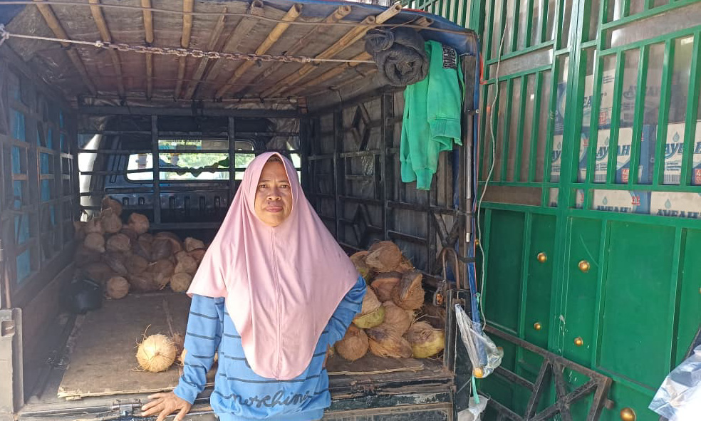 Harga kelapa di Pasar Ujung Gading turun sejak awal 2026 akibat pasokan melimpah, sementara harga santan tetap stabil karena biaya produksi belum berubah. (Foto: Fadli Zikri/Padeks)