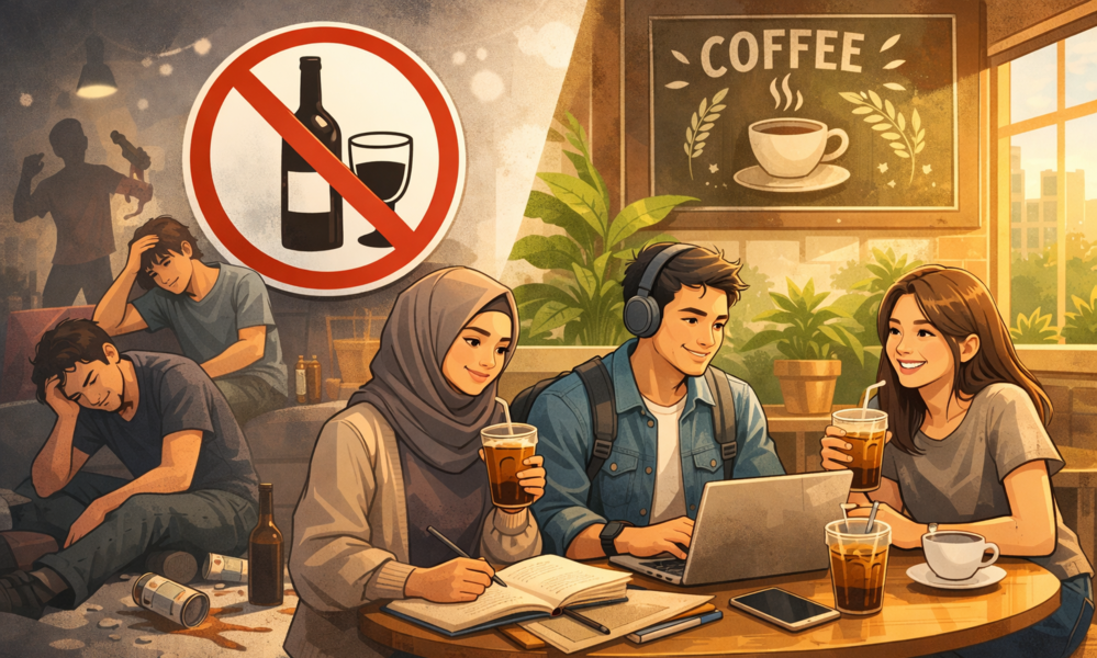 Riset global menunjukkan Gen Z makin meninggalkan alkohol. Di Padang, anak muda beralih ke gaya hidup sadar dan budaya ngopi yang lebih sehat dan produktif. (Ilustrasi Chatgpt)