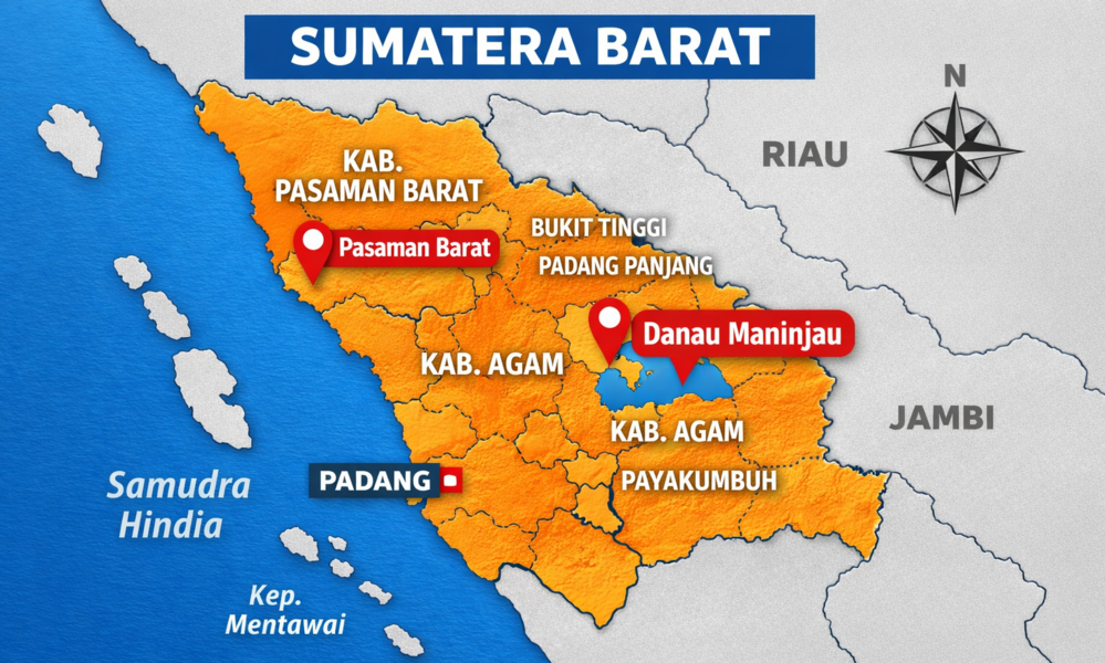 Ilustrasi peta Sumatera Barat, menandai Kabupaten Agam dan Kabupaten Pasaman Barat. (Chatgpt)