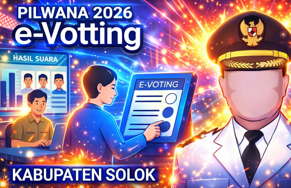 Pemkab Solok mengkaji penerapan e-voting pada Pilwana serentak 2026 di 23 nagari, masih tahap awal dengan fokus penyesuaian aturan dan kesiapan masyarakat. (Chatgpt)