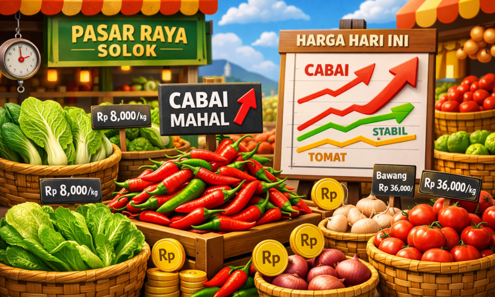 Harga sayuran di Pasar Raya Solok Senin 26 Januari 2026 relatif stabil dengan pasokan cukup. Cabai masih menjadi komoditas dengan harga tertinggi. (ilustrasi chatgpt)