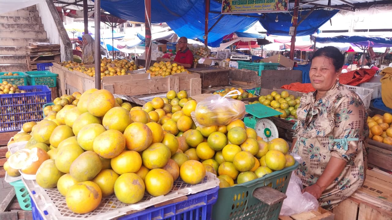 Salah seorang pedagang jeruk di Pasar Raya Padang sedang menunggu pembeli, Selasa (27/1/2026).