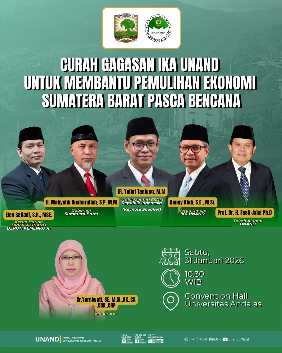 Rakernas DPP IKA Unand periode 2025&ndash;2029 yang dijadwalkan Sabtu (31/1/2026) di Convention Hall Kampus Universitas Andalas.
