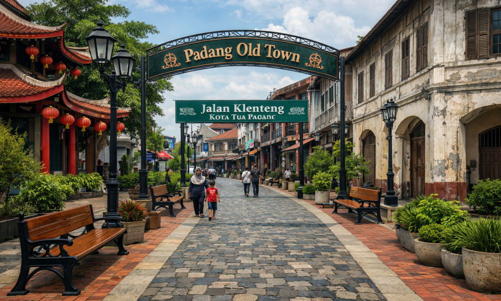 Jalan Klenteng Kota Tua Padang ditata dengan batu alam dan paving blok sebagai bagian revitalisasi kawasan Pondok untuk meningkatkan kunjungan wisatawan. (chatgpt)