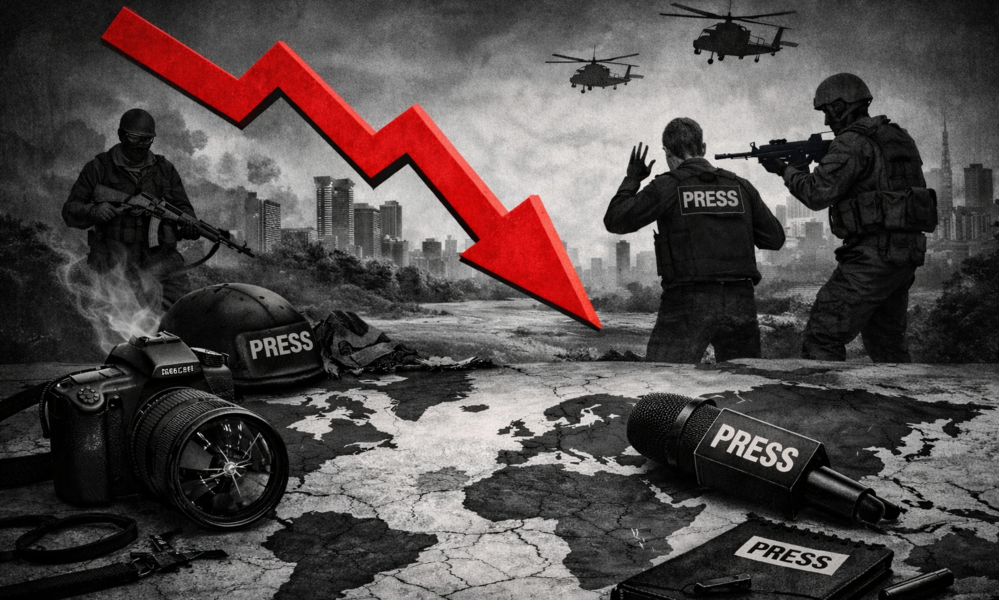 Laporan UNESCO 2025 mencatat kebebasan berekspresi global turun 10 persen, disertai meningkatnya ancaman, impunitas, dan kekerasan terhadap jurnalis. (ilustrasi AI)