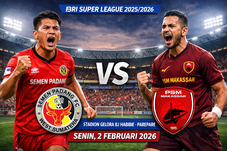 Semen Padang FC menghadapi PSM Makassar di pekan ke-19 BRI Super League 2025/2026 di Parepare, Senin 2 Februari 2026. (ilustrasi AI)