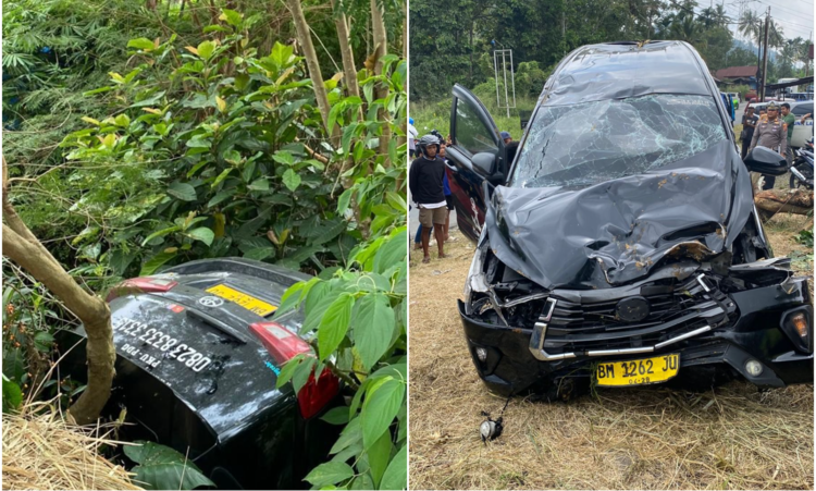 Kondisi Toyota Innova yang alami kecelakaan di Jalan Payakumbuh&ndash;Bukittinggi, Akabiluru. Mobil masuk parit 5 meter, empat orang luka-luka.
