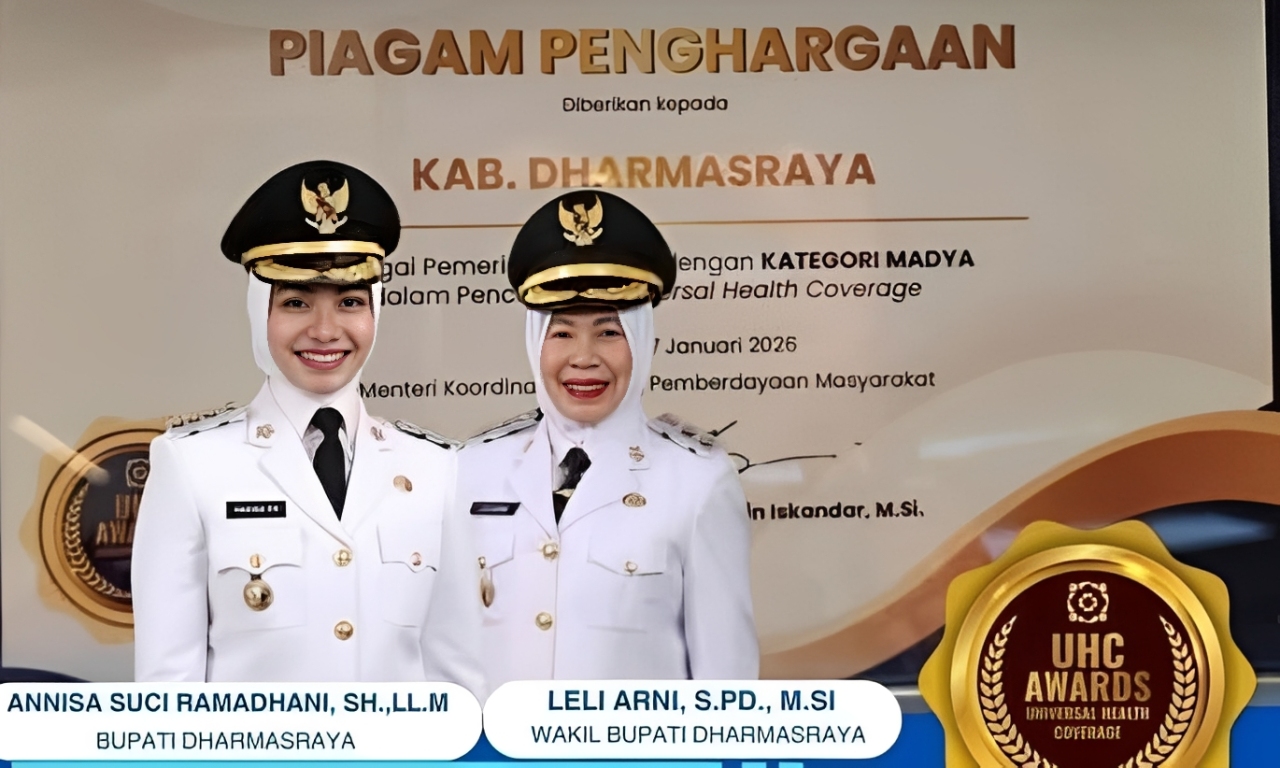 penghargaan UHC Awards 2026 kategori Madya kepada Pemerintah Kabupaten Dharmasraya atas capaian kepesertaan Program JKN.