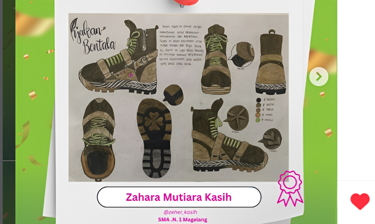 Desain sepatu Zahara Mutiara Kasih yang meraih Juara 1 Neo Gen Footwear Design Competition 2025, kompetisi desain alas kaki nasional bagi pelajar pra-perguruan tinggi.
