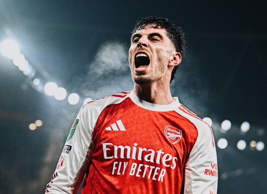 Kai Havertz merayakan gol penentu kemenangan Arsenal ke gawang Chelsea pada semifinal Carabao Cup di Emirates Stadium, Rabu (4/2/2026).(Foto: IG @kaihavertz29)