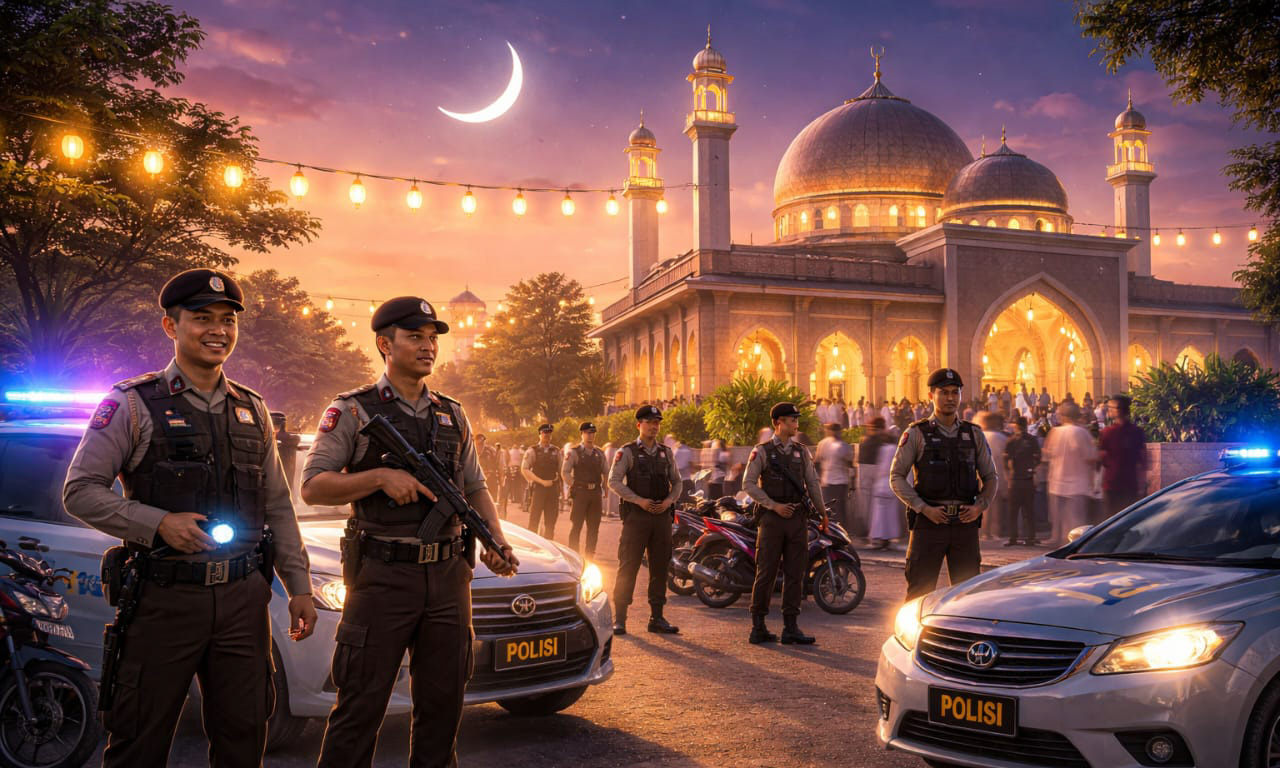 Personel Polresta Padang melakukan patroli pengamanan di sekitar masjid dan kawasan rawan gangguan kamtibmas selama Ramadhan 1447 Hijriah. (Ilustrasi AI)