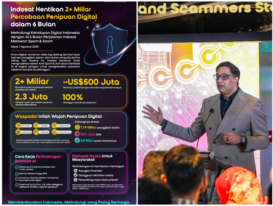 Fitur Anti-Spam dan Anti-Scam Indosat berbasis kecerdasan artifisial (AI), melindungi pelanggan dari penipuan digital. President Director and CEO Indosat Ooredoo Hutchison, Vikram Sinha (kanan).