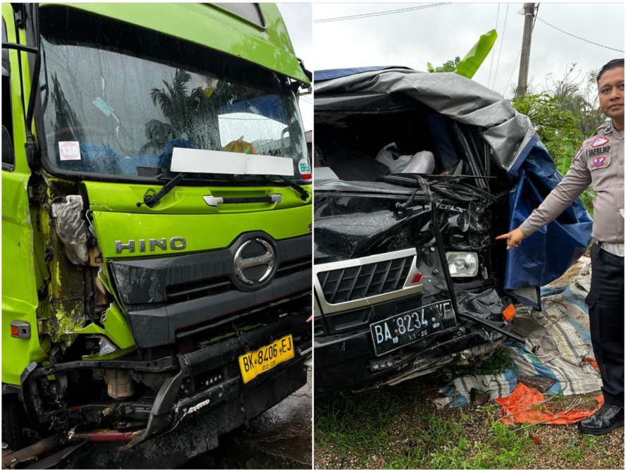 Kecelakaan melibatkan truk dan pikap di Cupak, Kabupaten Solok, Senin (9/2/2026). Akibatnya, 3 orang luka-luka dan dilarikan ke rumah sakit. (foto: Satlantas Polres Solok)