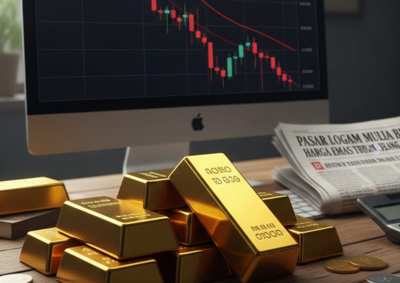 Kondisi pasar logam mulia  menunjukkan harga emas turun sebesar 0,8 persen. Para investor cenderung berhati-hati dan menunggu rilis data ekonomi terbaru dari Amerika Serikat.(Foto ilustrasi AI)