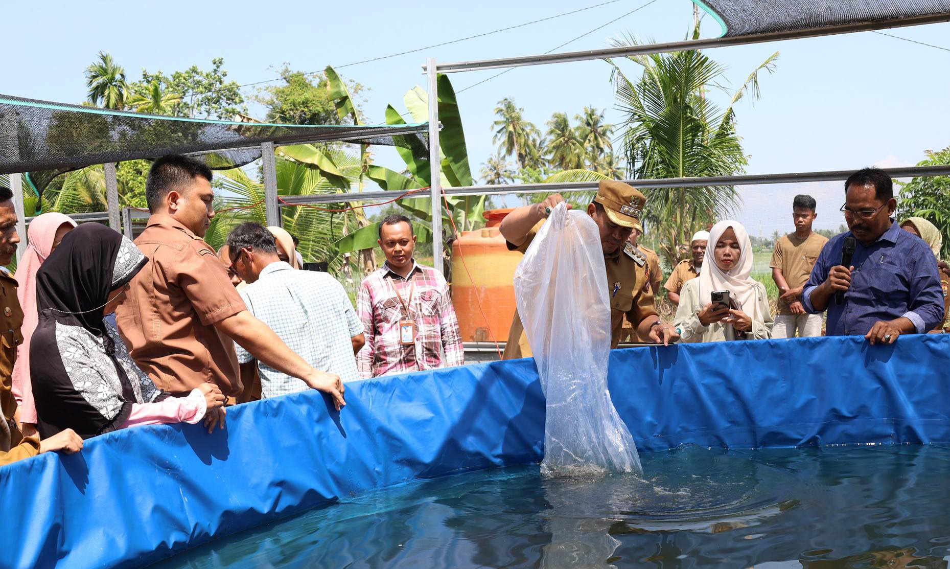 Wali Kota Pariaman Yota Balad menebar benih ikan lele di kolam bioflok BUMDes Ampalu Makmur, Desa Ampalu, Kecamatan Pariaman Utara, Selasa (10/2/2026).