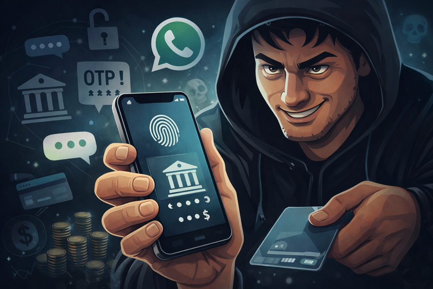 Polda Sumbar ingatkan bahaya modus pinjam gadget. Pelaku bisa curi OTP, bobol WhatsApp, dan kuras rekening dalam hitungan menit. (ilustrasi AI)