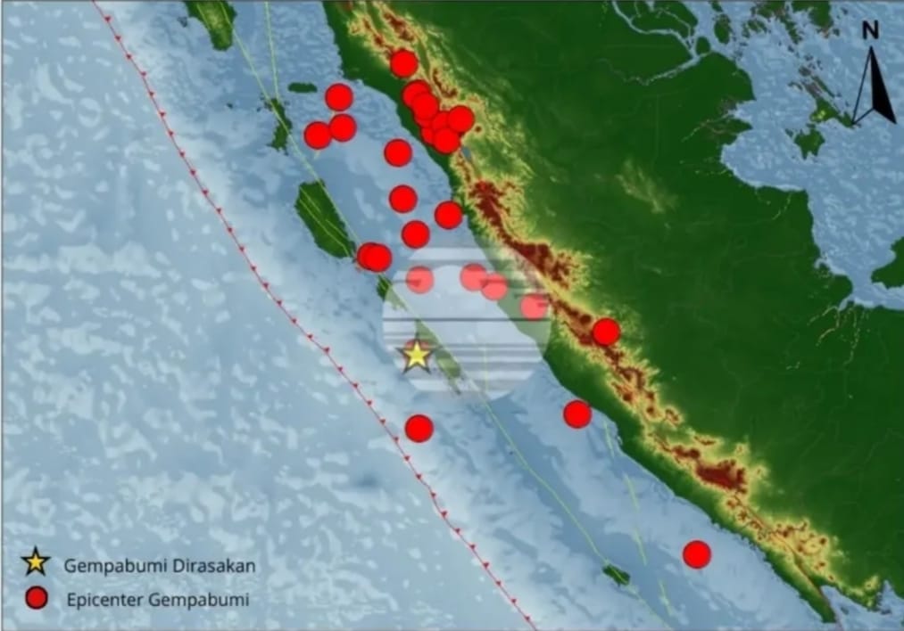 Peta sebaran episenter gempa bumi di Sumatera Barat periode 6-12 Februari 2026.