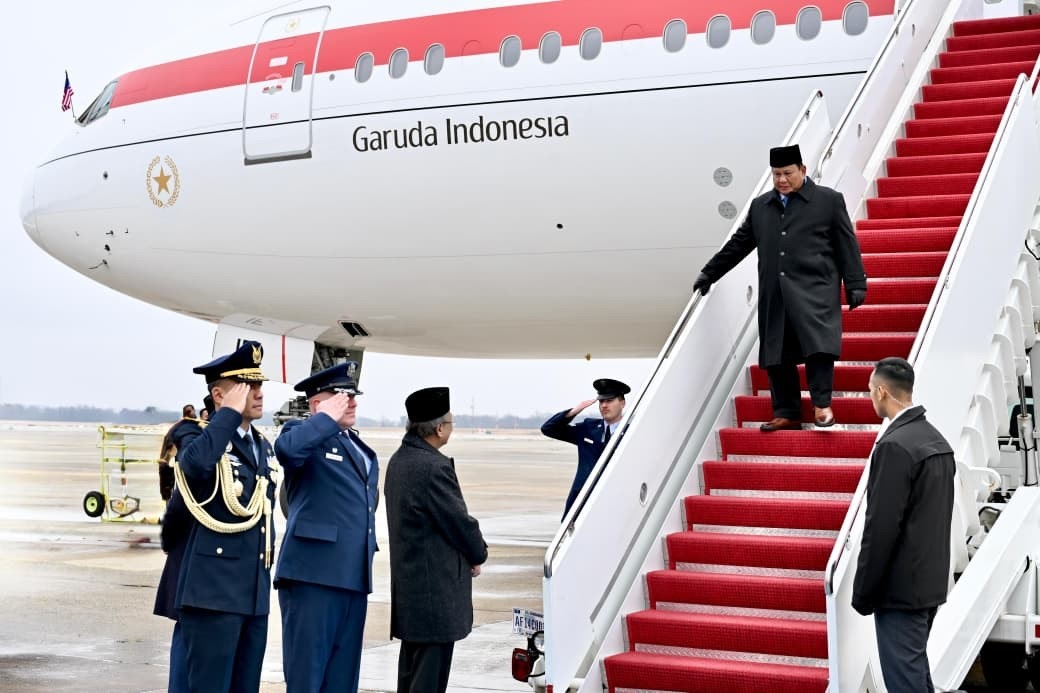 LANGKAH AKTIF: Presiden Indonesia Prabowo Subianto tiba di Amerika Serikat Selasa (17/2) waktu setempat.