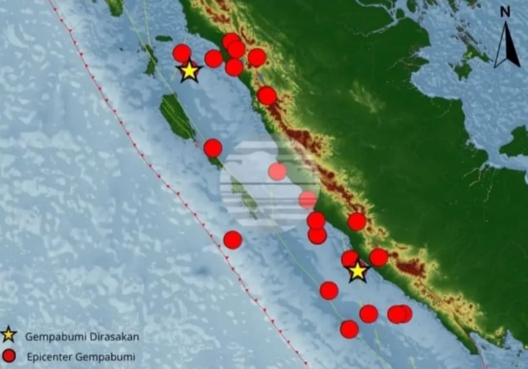 Peta lokasi gempabumi yang tercatat BMKG Padangpanjang di wilayah PGR VI sepanjang 13&ndash;19 Februari 2026. (Peta: BMKG Padangpanjang)