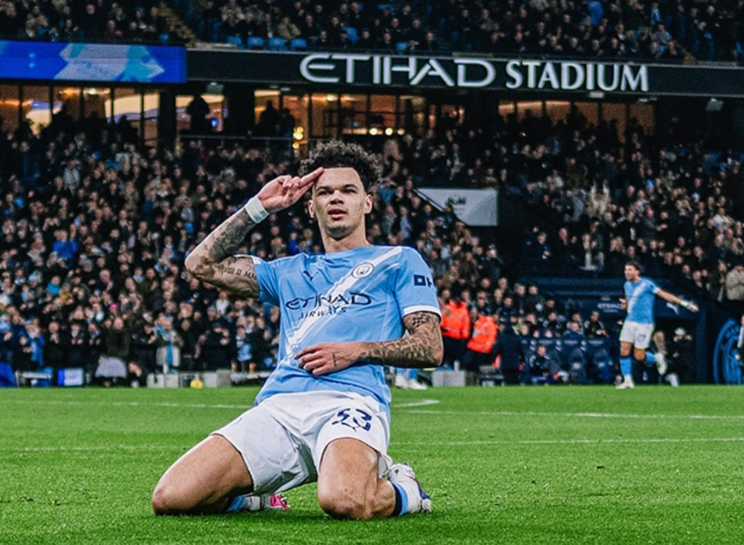 Nico O&rsquo;Reilly rayakan gol ganda yang membawa Man City unggul atas Newcastle di Premier League.(Foto: X @mancity)