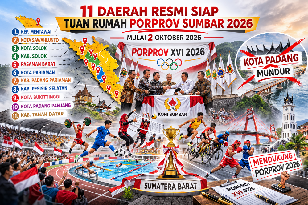 Sebanyak 11 daerah siap jadi tuan rumah Porprov Sumbar 2026 mulai 2 Oktober, sementara Kota Padang mundur dari skema tuan rumah bersama.