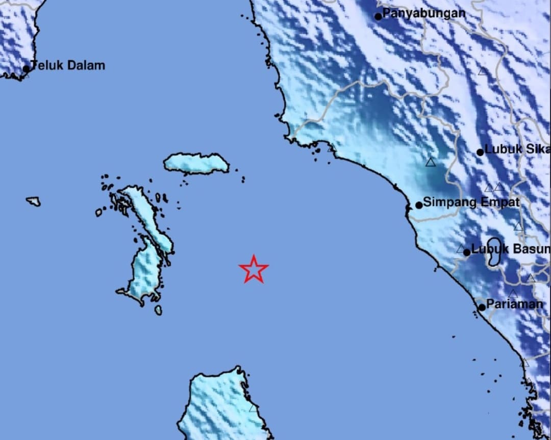Peta guncangan gempa M4.7 Pasaman Barat 26 Februari 2026 menunjukkan lokasi episenter di laut 111 km barat daya Pasaman Barat.(Foto: BMKG)