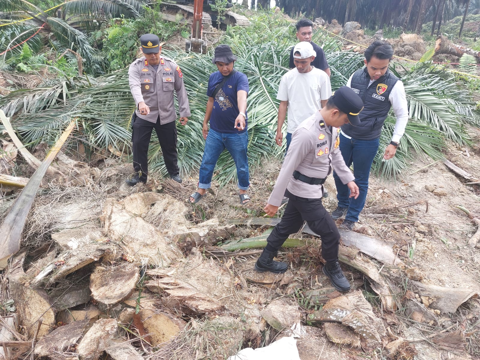 Petugas kepolisian saat melakukan penyelidikan di TKP meninggalnya pekerja wanita di area kebun sawit di Pulau Punjung, Dharmasraya.