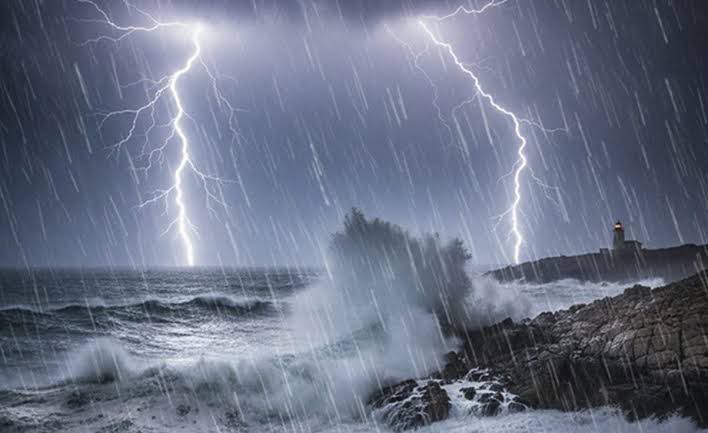 Ilustrasi gelombang tinggi dan petir.