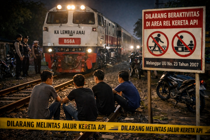 Aktivitas duduk di atas rel kereta api berisiko tinggi dan membahayakan keselamatan karena jalur rel merupakan area terbatas bagi masyarakat. (Ilustrasi AI)
