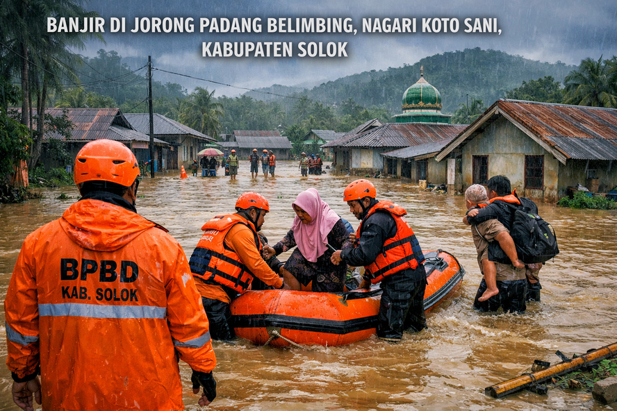 Banjir akibat hujan deras merendam 21 rumah warga di Jorong Padang Belimbing, Nagari Koto Sani, Solok. BPBD lakukan evakuasi dan pemantauan banjir.