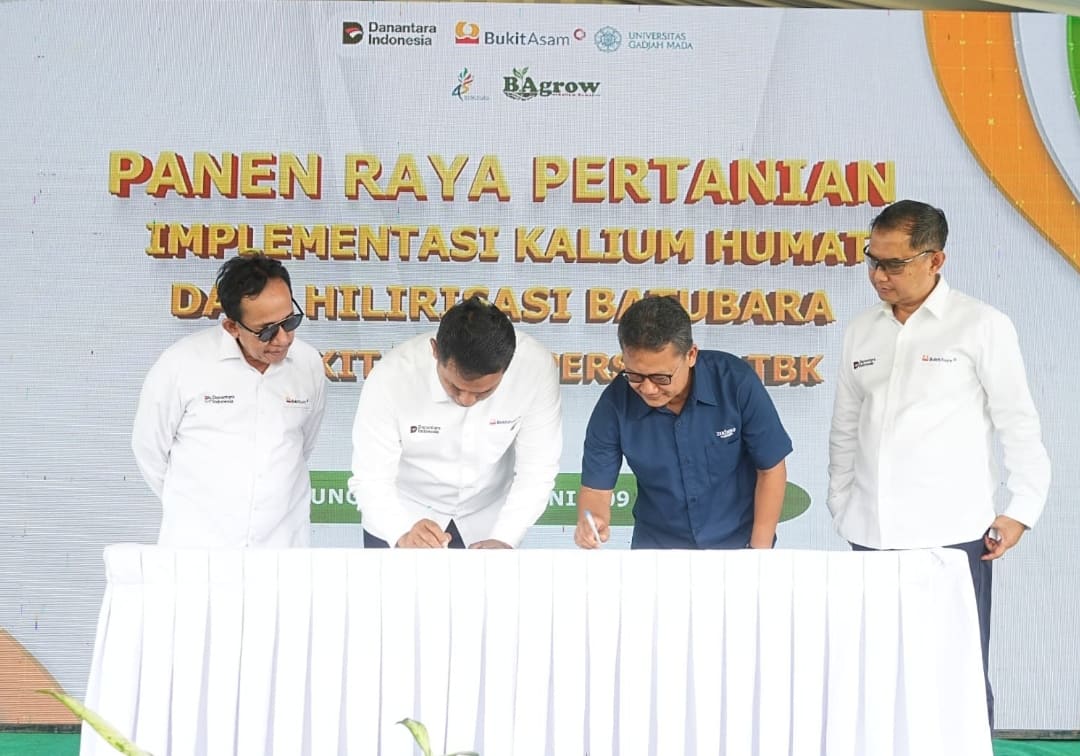 Direktur Utama PTBA Arsal Ismail bersama jajaran manajemen saat Panen Raya Implementasi Kalium Humat di Desa Tanjung Karangan, Muara Enim, Senin (9/3/2026).(Foto: Corcom)