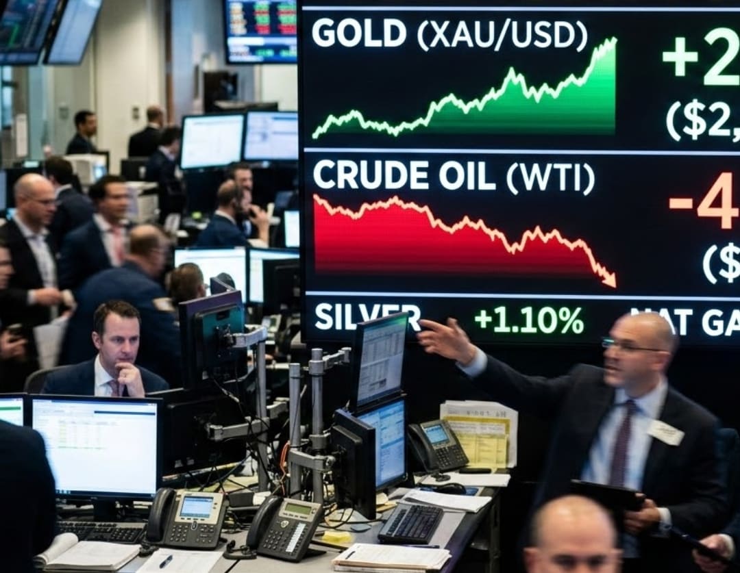 Pemandangan kontras yang tajam di pasar komoditas hari ini: harga emas melonjak lebih dari 2%, sementara minyak mentah WTI anjlok lebih dari 4%.(Foto ilustrasi AI)