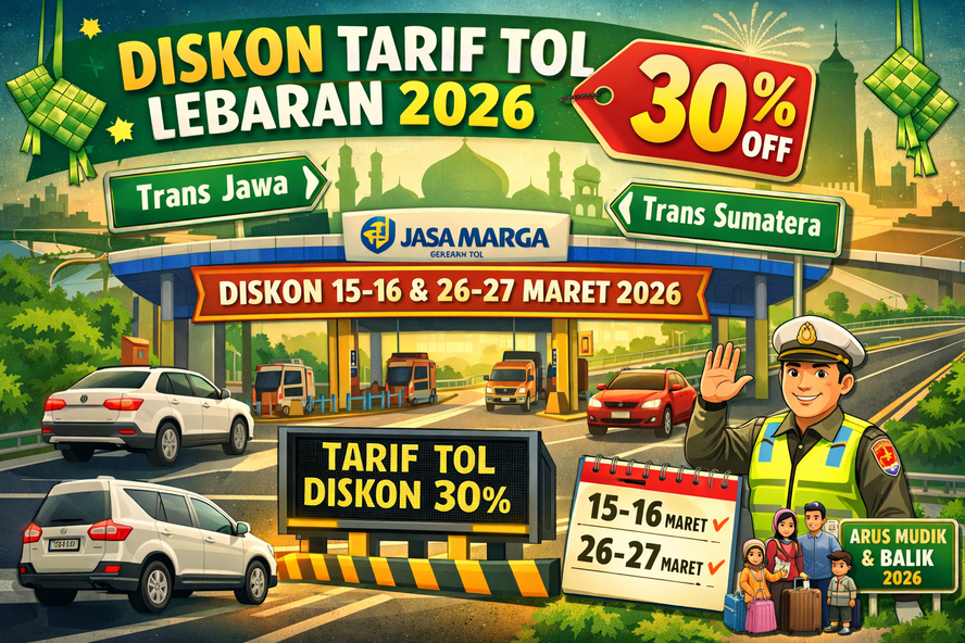 Ilustrasi program diskon tarif tol Lebaran 2026 sebesar 30 persen yang diberlakukan PT Jasa Marga di sejumlah ruas tol Trans Jawa dan Trans Sumatra pada 15&ndash;16 Maret serta 26&ndash;27 Maret 2026. (AI)