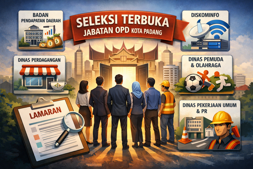 Pemko Padang membuka seleksi terbuka lima kepala OPD mulai 13 Maret 2026. Proses seleksi berlangsung hingga April dengan target pelantikan pada Mei.